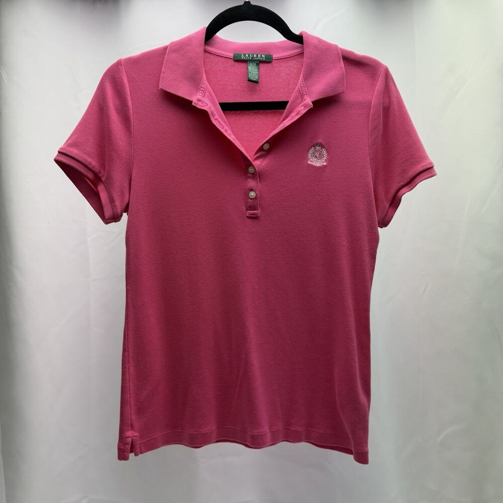 Lauren Ralph Lauren Polo Women's M Pink Cotton Crest Logo Preppy Golf Shirt